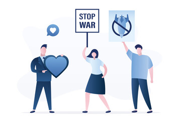 Group of demonstrators holds placards and heart. Stop war, concept banner. Protest against military action and militarization. People want peace, safety life. Antiwar protest.