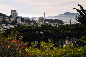 A view of the Russian Hill district, Golden Gate Bridge and the bay from Telegraph Hill, San...