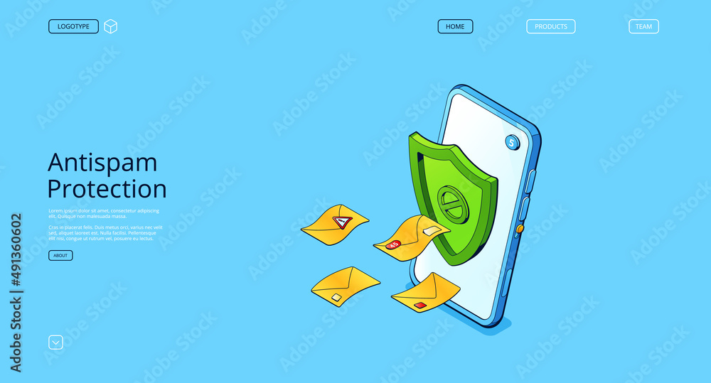Poster anti spam protection landing page. concept of email security, safety web mail system. vector banner 