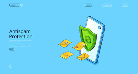 Anti spam protection landing page. Concept of email security, safety web mail system. Vector banner of filter service from phishing and junk messages with isometric smartphone, shield and letters - obrazy, fototapety, plakaty