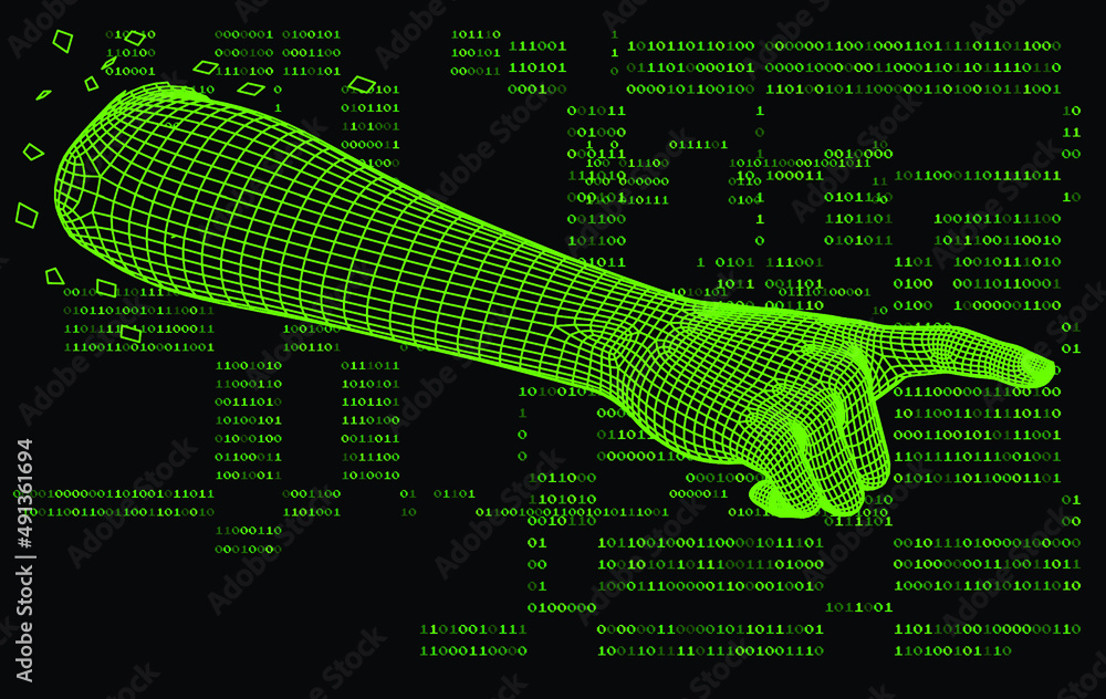 Poster Low-poly 3D hand on dark background with binary code. Retrofuturistic cyberpunk style illustration.