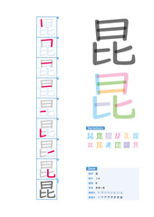書き順_中学1年_昆（こん）_Stroke order of Japanese Kanji - obrazy, fototapety, plakaty