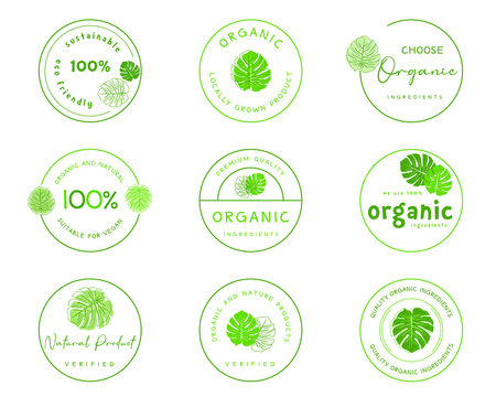 Vector illustration for organic food and natural products logo, labels and badges for food and drink promotion.