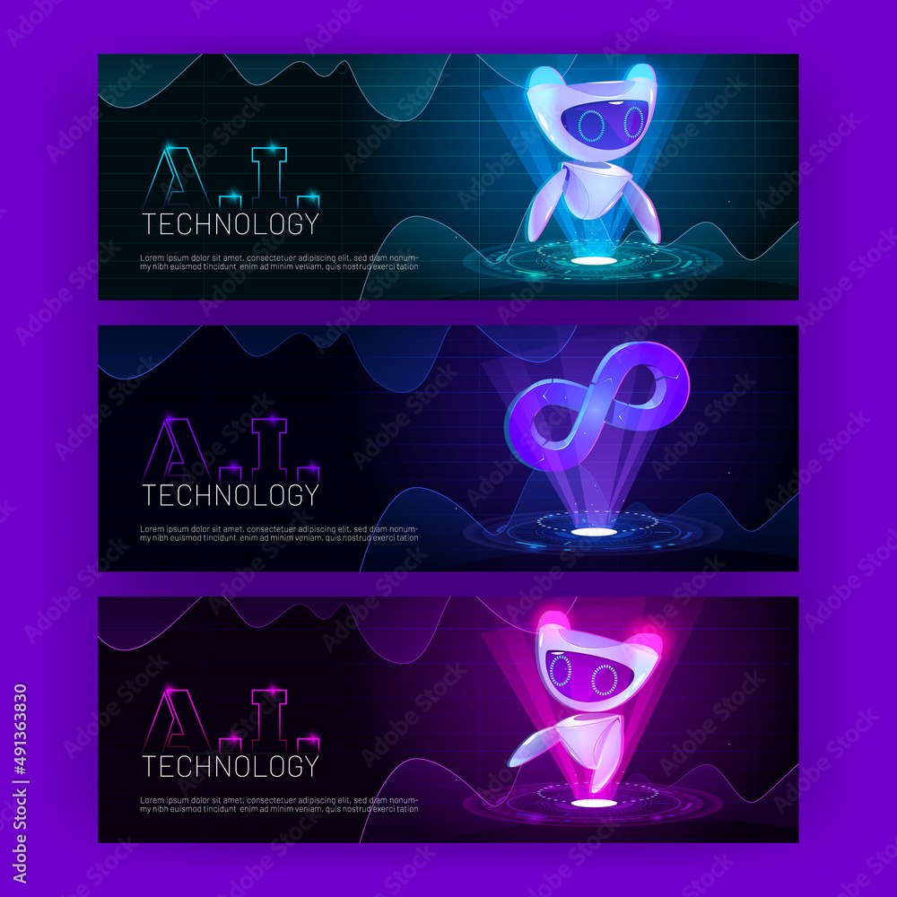 Poster ai technology futuristic cartoon banners with artificial intelligence robot at neon glowing hud tech