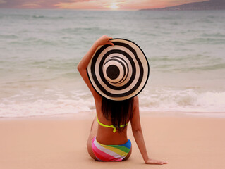 Young woman  in colorful of bikini and hat Enjoy life of sunbathing, travel, relaxation, self care, resting, leisure, and healthy  lifestyle, summer on the beach concept