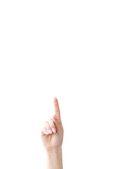 Recommending gesture. Solution idea. Promotional motivation. Female hand pointing up finger isolated on white copy space advertising background.