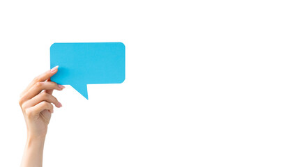 Blank speech bubble. Feedback message. Digital communication. Female hand holding blue dialogue...