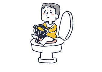 トイレトレーニングをしている男の子　コミカルな手書きの人物　ベクター、線画にシンプルな色つけ　
