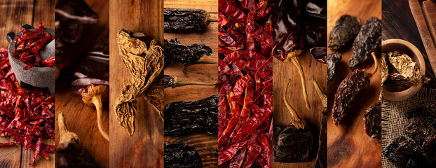 Panoramic collage of different assortment of mexican dried chili peppers. Chile Morita, Guajillo, de arbol, Chipotle and Pasilla. Used in a variety of Mexican preparations. - obrazy, fototapety, plakaty