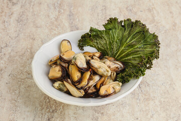 Tasty marinated mussels in the bowl