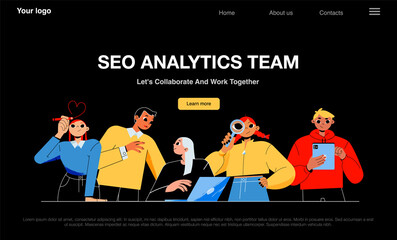 SEO analytics team banner with people work together. Vector night mode of landing page of search engine optimization company with flat illustration of men and women teamwork - obrazy, fototapety, plakaty