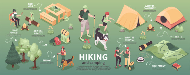 Isometric Hiking Camping Infographics - obrazy, fototapety, plakaty