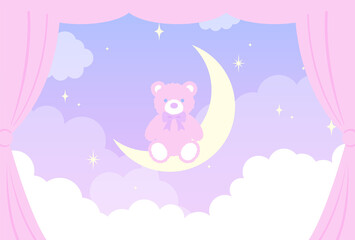 vector background with teddy bear on a moon in the sky for banners, cards, flyers, social media wallpapers, etc.