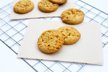Pistachio and almond cookies on cooling rack