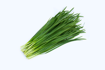 Fresh Chinese Chive leaves on white background.