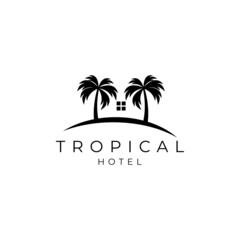 Obraz premium house with palm tree logo vector, tropical beach home or hotel icon design illustration