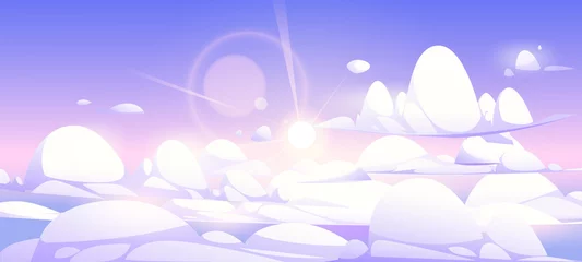 Poster Boven wolkenhemel of hemelachtergrond, aard vreedzaam landschap met wit en lila cumulonimbus cloudscape en zonneschijn. Vroeg in de ochtend abstract levendig uitzicht vanuit vliegtuig Cartoon vectorillustratie © klyaksun