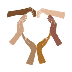 communication and social network between women of diverse cultures and different racial ethnicity. icon of hands in heart shape, concept of multicultural unity, migration, harmony, community - obrazy, fototapety, plakaty