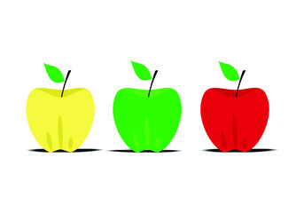 three red apples, green apples, yellow apples in a row on a white background