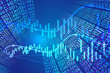Fototapeta na wymiar Financial curve data chart with neon pixel building background