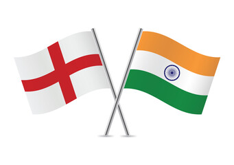 England and India crossed flags. English and Indian flags, isolated on white background. Vector icon set. Vector illustration.