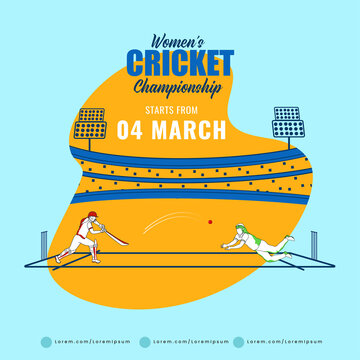Women's Cricket Championship Poster Design With Batter Player, Fielder OR Bowler In Playing Pose On Orange And Blue Background.