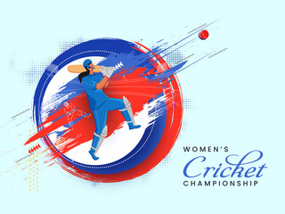 Women's Cricket Championship Concept With India Female Batter Player And Colorful Brush Stroke On Blue Background.
