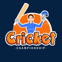Sticker Style Cricket Font With India Female Batter Player In Winning Pose On Blue Background For Championship Concept.