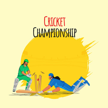Cricket Match Between India Vs Pakistan With Concept Of Run Out Female Batter Player And Wicket Keeper Hit Ball To Stumps On Yellow Background.