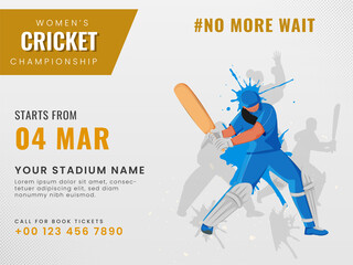 Women's Cricket Championship Poster Design With Female Batter Player In Action Pose On Gray Background.