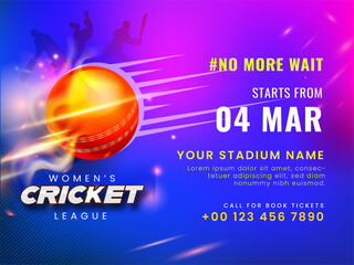 Women's Cricket League Based Poster Design With Shiny Red Ball, Silhouette Players On Blue And Pink Lighting Background.