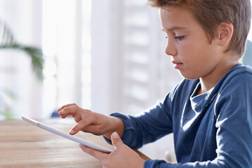 The web holds a wealth of information. Shot of a young boy using a digital tablet to do his homework.