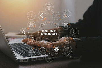 Online church concept.Home church during quarantine coronavirus Covid-19.Worship from home with smart phone.Bible online.Technology for Religion.