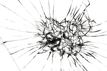 Texture of broken glass. Cracks on transparent window isolated on white background. Lines destroyed...