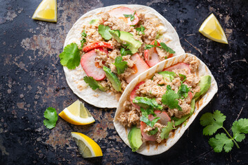 Tacos with Plant based canned tuna and vegan crab - obrazy, fototapety, plakaty