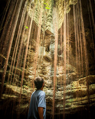 Homem olhando para abertura de caverna, na caverna do Crote, em Felipe Guerra, Rio grande do Nortr 