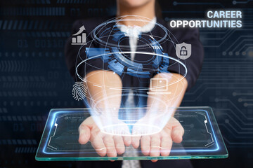 Business, Technology, Internet and network concept. Young businessman working on a virtual screen of the future and sees the inscription: Career opportunities