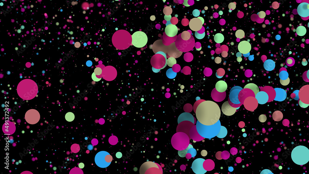 Poster abstract neon glowing balls against the background of colorful shimmering particles. 3d. 4k. isolate