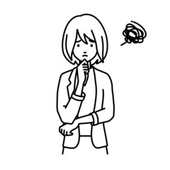 立って手をあごにあてて困っているジャケットの女性