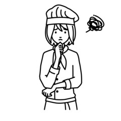 立って手をあごにあてて困っている調理師の女性