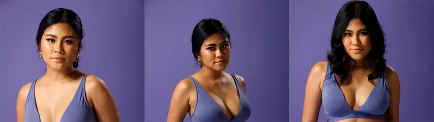 Crédence de cuisine en verre imprimé Pantone 2022 very peri Asian 20s Woman chubby wear sport bra in purple color Very Peri world trend over purple background