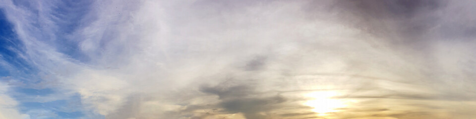 Dramatic panorama sky with cloud on sunrise and sunset time. Panoramic image.