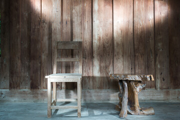 old wooden chair isolates wooden background wall.