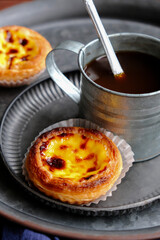 Popular shop bought street food. Portuguese Egg Tart with Black Coffee. Ideal for breakfast, tea break or between meals snack.