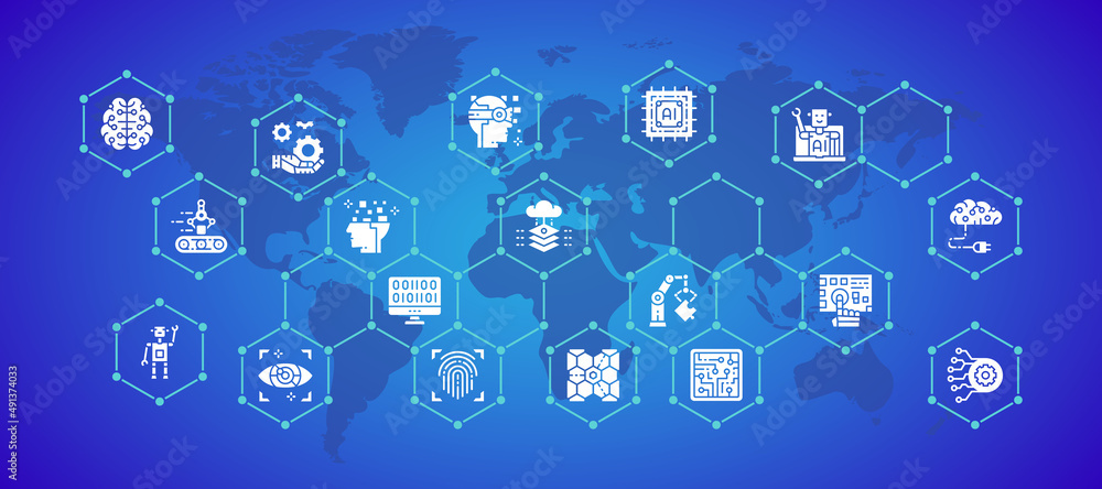 Poster artificial intelligence illustration design template. robotics, chatbot, database, big data for webs