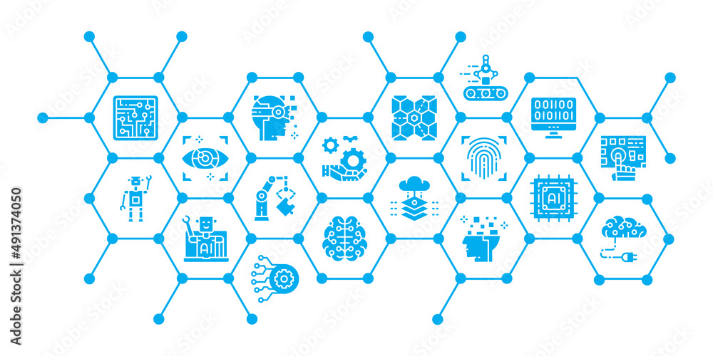 Poster artificial intelligence icon banner concept. robotics, chatbot, database, big data vector illustrati
