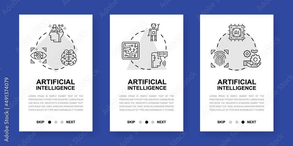 Poster artificial intelligence mobile app screens. robotics, chatbot, database, big data vertical banners f