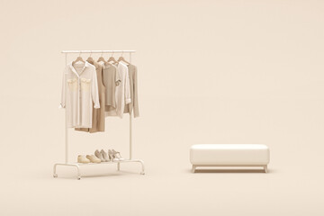 Clothes on a hanger, storage shelf in a cream background. Collection of clothes hanging on rack with neutral beige colors. 3d rendering, concept for shopping store and bedroom

