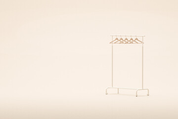 Mobile White and beige Coat Rack with Hangers in Room extreme closeup. 3d rendering, concept for shopping store and bedroom
