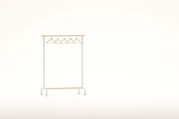 Mobile White and beige Coat Rack with Hangers in Room extreme closeup. 3d rendering, concept for shopping store and bedroom
